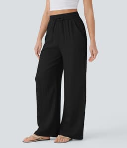 Pant women 2026 casual high-waisted drawstring side pocket casual linen pants flowing wide-leg beach pants elastic tightness