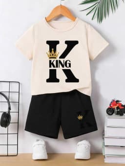 Boys' 2-Piece T-shirt & Shorts Set, KING Crown Print, soft breathable, casual for daily and outdoor wear Can you provide more co