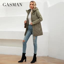 GASMAN New Women Jacket Spring 2023 High-Quality Mid-Length Women Coat Stitching Hooded Design Windproof Casual parkas 8226