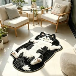 VIKAMA Lying Fluffy White Cat Shaped Doormat 2D Painting Flannel Non Slip Waterproof Floor Mat Bedroom Animal Decor Rug