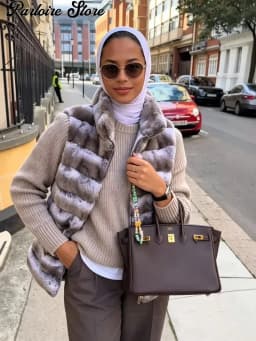 Stand Collar Knit Sleeve Patchwork Striped Faux Fur Jacket Loose Zipper Up Mid-length Coat 2026 Winter Fashion Lady Chic Outwear