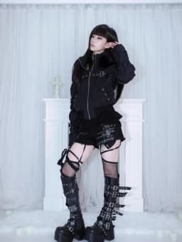 Sexy Punk Gothic Women's Cropped Puffer Parka Fur Collar Rivet Buckle Strap Ruched Waist Thick Warm Winter Streetwear Outfit