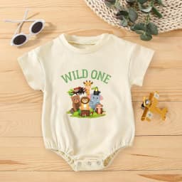 Wild One Animal Printed Short Sleeve Bubble Romper Newborn Oversized Jumpsuit Infant Birthday Party Clothes Baby Shower Bodysuit