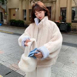 Korean Women's Reversible Striped Jacket Autumn Winter Stand Collar Fleece Lined Padded Coats Woman Loose Casual Plush Jackets