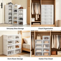 20-Pack Shoe Storage Boxes Transparent Stackable, Plastic Foldable Shoe Organizer Set with Ventilation Holes, Space-Saving for Closet Entryway, Fits Men & Women Shoes, White