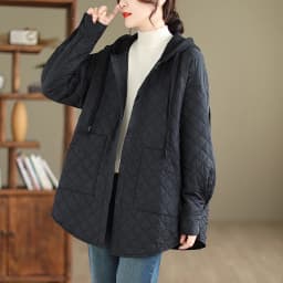 Large Size Women's Faionable Lightweight Hooded Cotton Jaet Autumn Winter New Arrival Diamond Pattern Loose Casual Coat