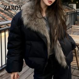 ZAROY Women's Winter Jacket Luxury Fox Fur Collar Puffy Thicken Warm Cotton Short Coat High Street Fashion Outwear Parkas куртка
