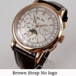 Corgeut 42mm Automatic Men's Watch Date Day Month Year Salmon Dial Multifunction 316L Leather Strap Polished Case Day Night