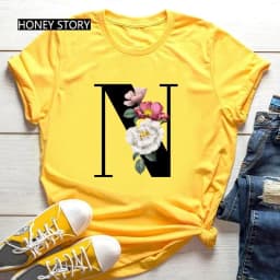 Large Size Yellow T-shirt for Men And Women with Black Fashion Trend Print of Flowers 26 English Letters Casual Short Sleeve Top