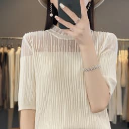 Summer Lace Stitching Ice Silk Knitted Short Sleeve T-Shirt Women Loose Solid Color Mesh Half Sleeve Blouse Thin