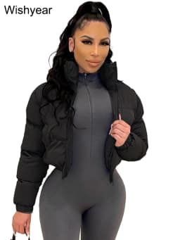 Winter Thick Warm Cotton Down Jacket Women Clothing Gray Zipper Short Puffer Parkas Coats Outwear Female Crop Tops Streetwear