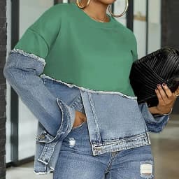 Mock Two-Piece Denim Insert Sweatshirt Raw-Edge Crewneck Long Sleeve Top Retro Fusion Pullover Women Chic Spring Fall Streetwear
