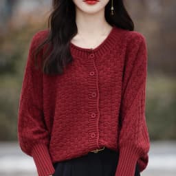 Women's 100% Cotton Sweater Round Collar Bat Sleeve Cardigan Autumn Winter Checkerboard Grid Warm Jacket Casual Knit Basic Tops