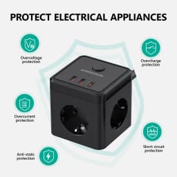 6-in-1 Power Strip Wall Socket Extender with 2M Extension Cable 3 AC 2 USB 1 Type-C Ports PD 20W Fast Charging Max 3680W(16A)