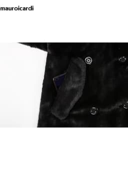 Nerazzurri Winter Long Black Thick Warm Fluffy Faux Fur Coat Women with Detachable Fake Fur Vest Double Breasted Overcoat 2024