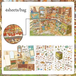 Mr. Paper Open Today Series 36 Stickers, 4pcs 2.5D Large PET Cards, Shop Scene Journal Creative Decoration DIY Stress Relief