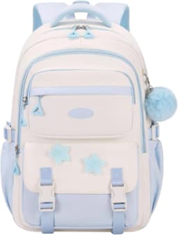 Primary Middle School Backpack for Girls Cute Backpack for School Pink School Bag for Teen Girls with Star Pins Furry Pendant