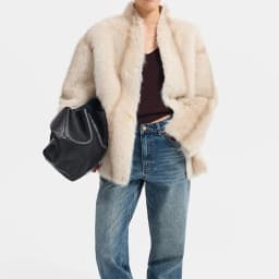 Women's Beige Cropped Fluffy Faux Fur Coat Button Stand Collar Winter Warm Thick Elegant Luxe Chic Outerwear