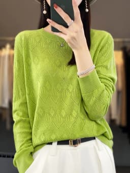 New Women Wool Blend Sweater Spring O-neck Geometric Hollow Pullover Fashion Soft Sweater Loose Casual Knit Base Tops