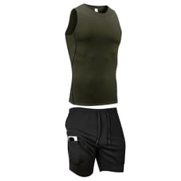 Men's Workout Running Athletic Clothing Set Sleeveless Compression Shirt Tank Top 2-in-1 Gym Shorts with Phone Pocket Towel Loop