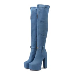 Wearing Mini Bags denim boots High Thick Heels Ultra-High Platform Ankle Buckles Boot Cuffs Belt Buckles Over The Knee Boots