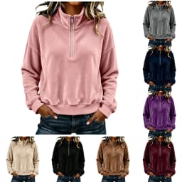 Womens Quarter Zip Pullover Long Sleeve Velvet Sweatshirt Soft Cozy Lightweight Fall Winter Outfits Casual Loose Color Hoodie