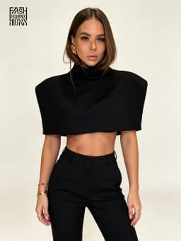 Women's Cropped Shawl Tops Chic Shoulder Pads Turtleneck Short Sleeve Female T-shirts 2026 Spring Summer Lady Party Clothes