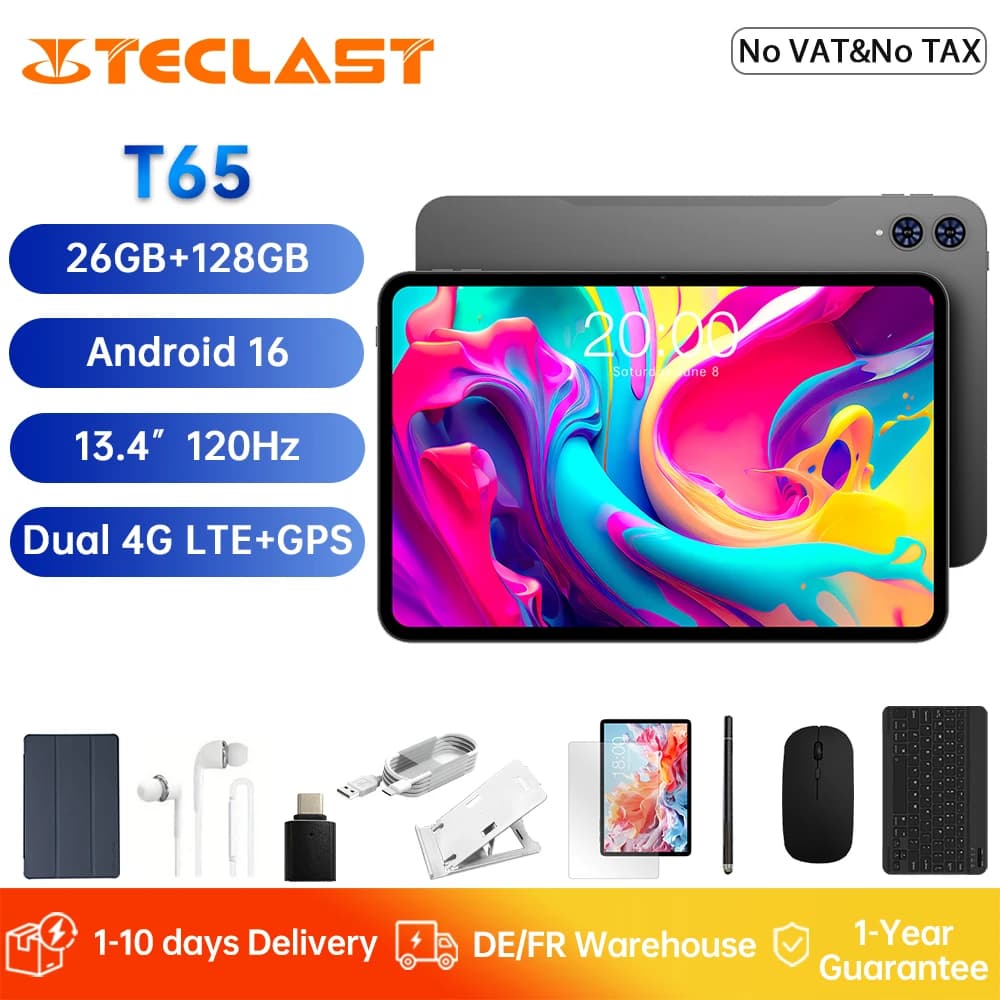 TECLAST T65 Pad Table Unisoc T7280 26GB RAM (6GB+20GB) 128GB ROM 120Hz Display Android 16 8000mAh WiFi 4G LTE Global version
