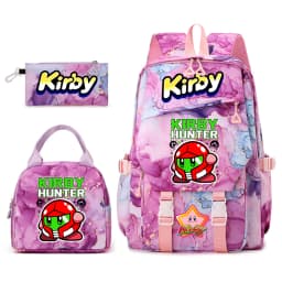 Kirby Cartoon Print Student Backpack Set for Girls with Lunch Bag and Pencil Case School Bookbag Lightweight Daypack
