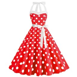 Women Summer Party Dress With Belt Polka Dot Print Halter Hepburn Robe 50s 60s Vintage Dresses