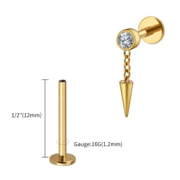 Right Grand ASTM F136 Titanium Bezel CZ Dangle Cone Labret Cartilage Earring Conch Helix Stud Tragus Spike Chain Drop Earring