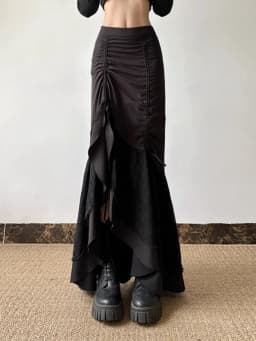 Y2k Spicy Girl Skirts Solid Color Lace Patchwork Draw String Irregular Long Skirt Harajuku Design Streetwear Women's Clothing