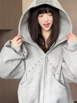 Original Design Rivet Patchwork Hoodie Men's Autumn American High Street Couple Open Cardigan Jaet Loose Fit Kangaroo...