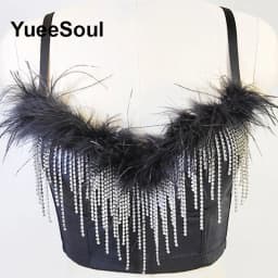 Black Y2K Tops White Rhinestone Sequins Tassel Slim Crop Top New Gothic Party Club Wedding High Street Sexy Corset Top Camis