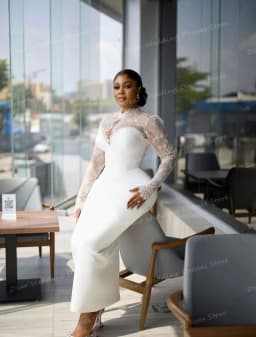 Modern High Neck Wedding Dresses Satin Ruffles Women's Mermaid Tea-Length Appliques Bridal Gowns Vestidos De Novia Customized