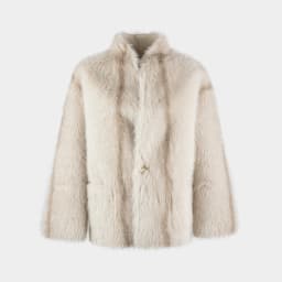 Women's Beige Cropped Fluffy Faux Fur Coat Button Stand Collar Winter Warm Thick Elegant Luxe Chic Outerwear