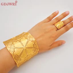 France Luxury Chain Cuff Bangle & Ring For Women Dubai Gold Color Indian Moroccan Big Bracelet Jewelry Arabic African Wedding