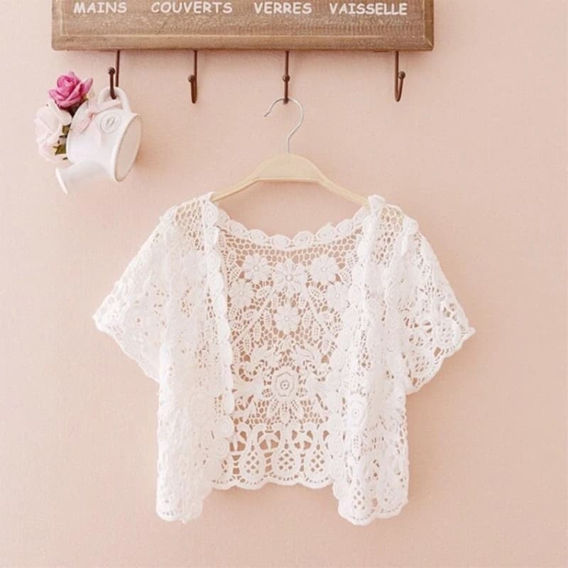 M2EA Womens Short Sleeve Open Front Lace Cardigan Floral Crochet Sheer Beach Cover Up Shrugs Crop Bolero Jackets for Dresses