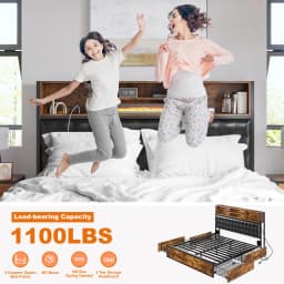 EnHomee Full/Queen/King Bed Frame with Charging Station and 4 Storage Drawers Platform Bed Frame with Upholstered Headboard No Noise