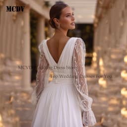 Chiffon Split Wedding Dresses For Bride Puff Sleeve V-Neck A-line Vestidos De Noiva Customized Backless Civil Bride Gowns Women
