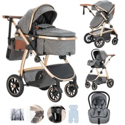 3 in 1 Prams Travel System, Pushchair with Height Adjustable Handle, Travel Pram with Mosquito Net, Baby Stroller with Aluminum