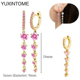 925 Sterling Silver Needle Pink Crystal Heart Hoop Earrings for Women Fashion Geometric Pendant Earrings Luxury Jewelry Gifts