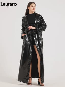 Lautaro Spring Autumn Black Shiny Reflective Soft Patent Leather Trench Coat for Women Luxury Designer Floor Length Clothes 2024