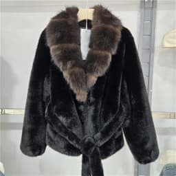 DEAT 2026 Winter Trend Style V-neck Single Breasted Faux Fur Coat With Belt For Women Contrast Color Thick Jackets 29A9574