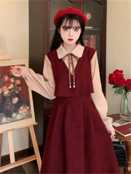 Spring Autumn Winter plus Size College Style Shirt Patchwork Hepburn Retro Dress Student a Line Skirt Long Sleeve High Waist
