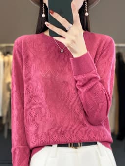 New Women Wool Blend Sweater Spring O-neck Geometric Hollow Pullover Fashion Soft Sweater Loose Casual Knit Base Tops