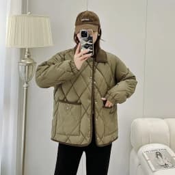 Autumn Winter Overcoat PU Leather Cotton-padded Jacket Women's Rhombic Lattice Short Coats Female Warm Outerwear No-wash Parkas
