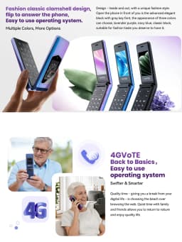 HAMTOD T8 Classic Fashion Clamshell Flip Feature Phone 4G VoLTE Dual HD Screen 2.8" Main IPS Display + 1.77" Outer Screen Big Font Big Icons One Touch SOS Emergency Call 1500mAh Large Battery Easy Simple Operation Unbreakable Basic Mobile Cell Phone For S