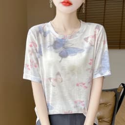 Summer New Women's Round Neck Printed Knitted Short-Sleeved Thin T-shirt Loose Bottoming Shirt