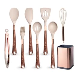 Silicone Cooking Utensils Set Non-Scratch Non-Stick Heat Resistant Spatula Spoon Rose Gold Handle With Bucket Kitchen Gift